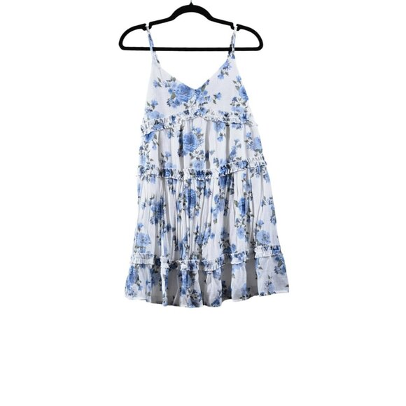 Mi Ami Large Dress Sleeveless Mini Spaghetti Strap Tiered Blue White Floral - Picture 1 of 6